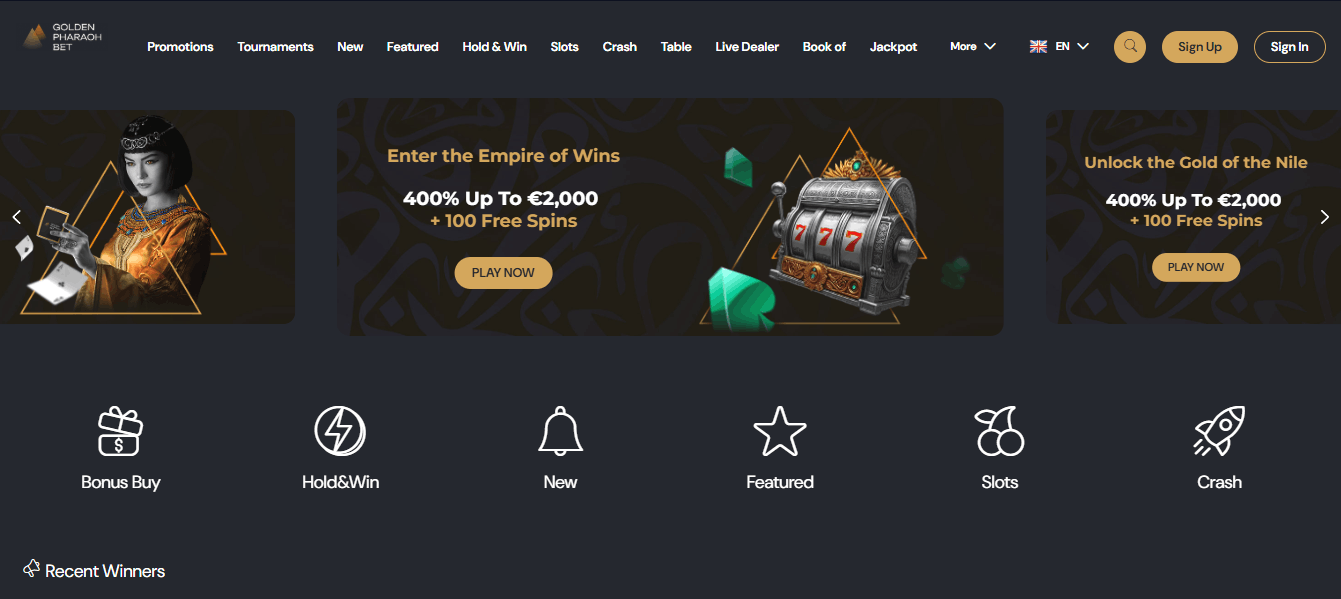 Golden Pharaoh Casino interface showcasing Egyptian-themed slots and login portal
